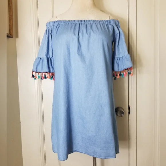 See You Monday | Dresses | See You Monday L Blue Off Shoulder Tassel Sleeve  Mini Dress | Poshmark